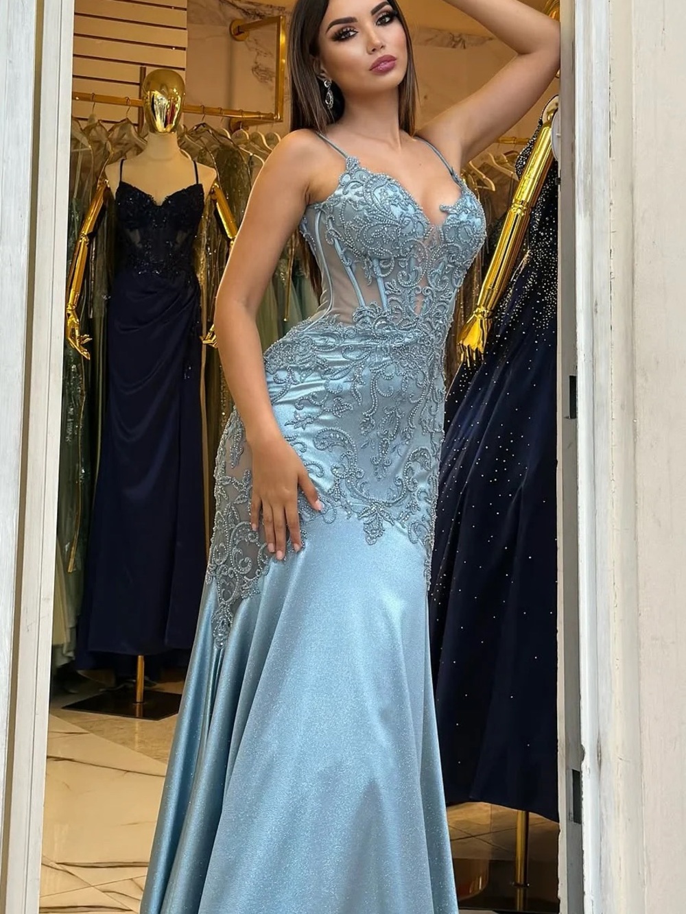 Elegant Blue Lace Appliqué Prom Dress with Sheer Bodice